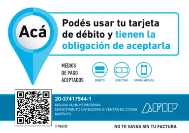 Formulario N° 960/D — AFIP: medios de pago aceptados, débito y efectivo